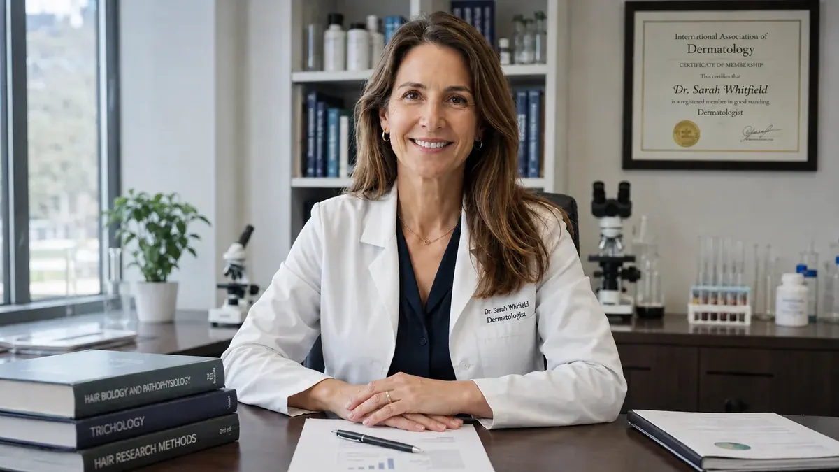 Dr. Sarah Whitfield, dermatologist, in her office