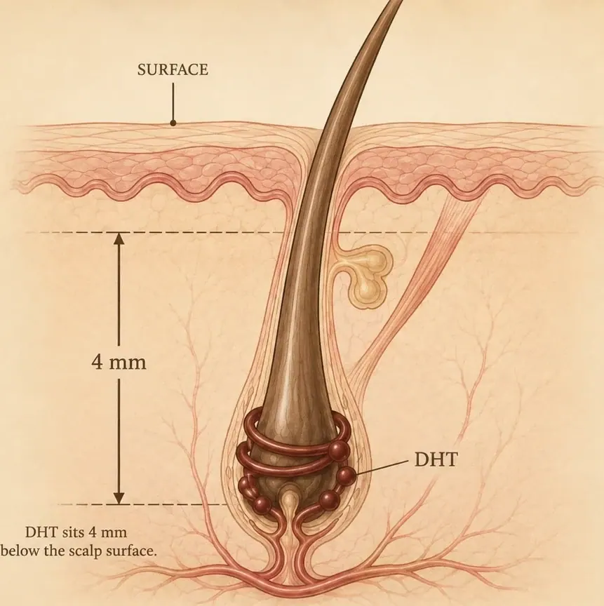 Diagram: DHT sits 4 mm below the scalp surface
