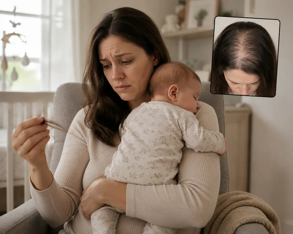 Kayla Brennan holding her son, with an inset of her thinning part line