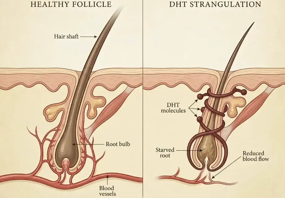 Healthy follicle vs DHT strangulation
