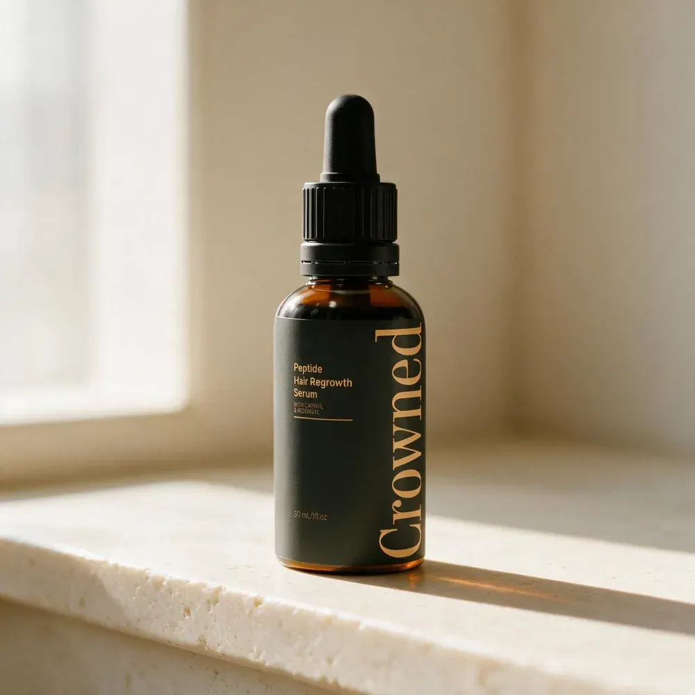 Crowned® Peptide Hair Regrowth Serum on a cream stone ledge in morning light