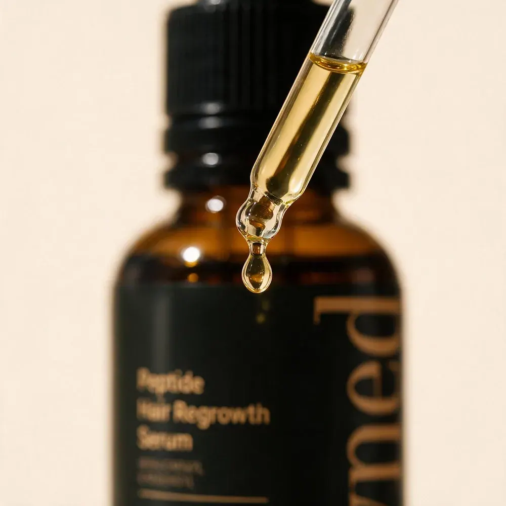 Close-up of the Crowned® dropper releasing a single drop of serum