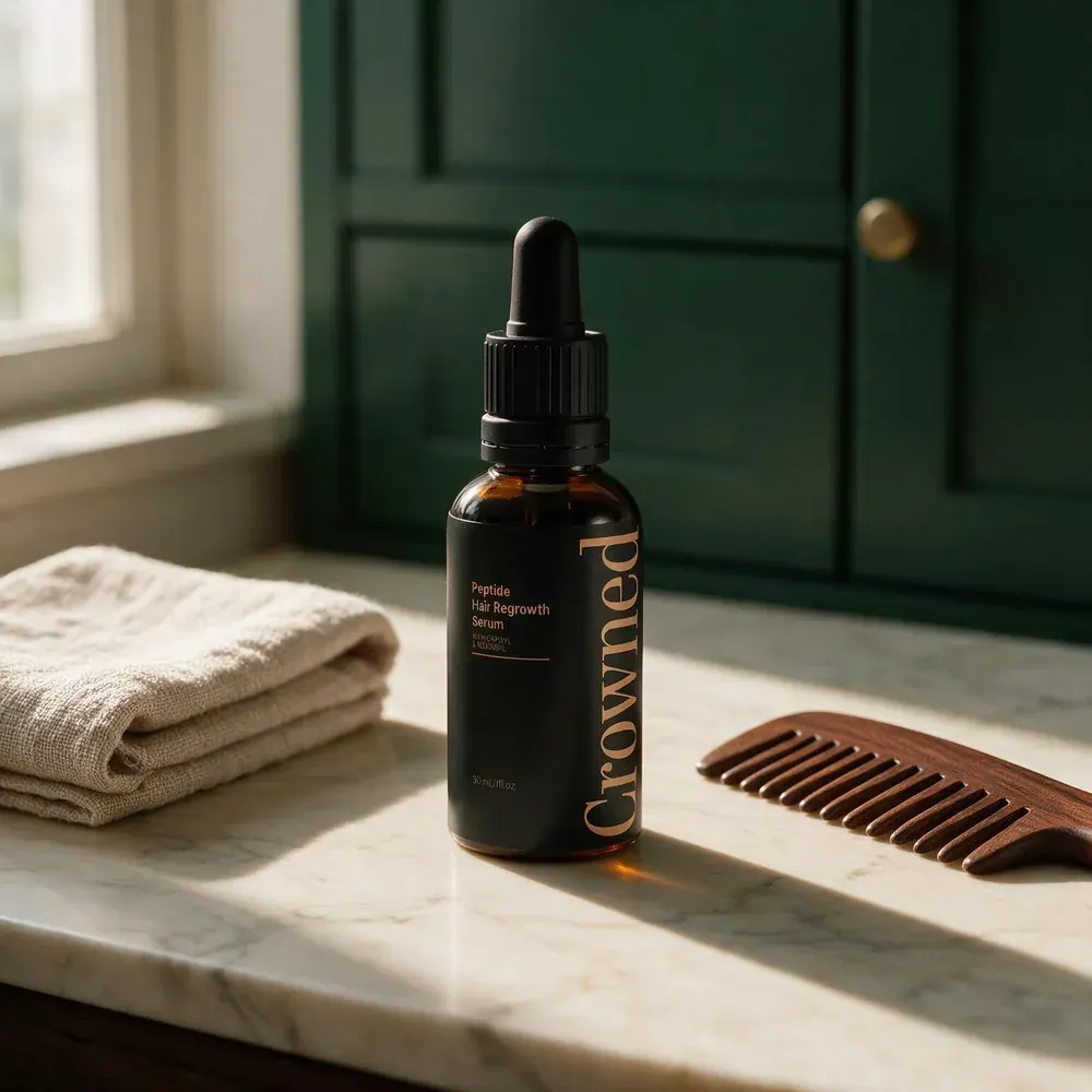 Crowned® serum on a marble vanity beside a folded linen towel and a wooden comb