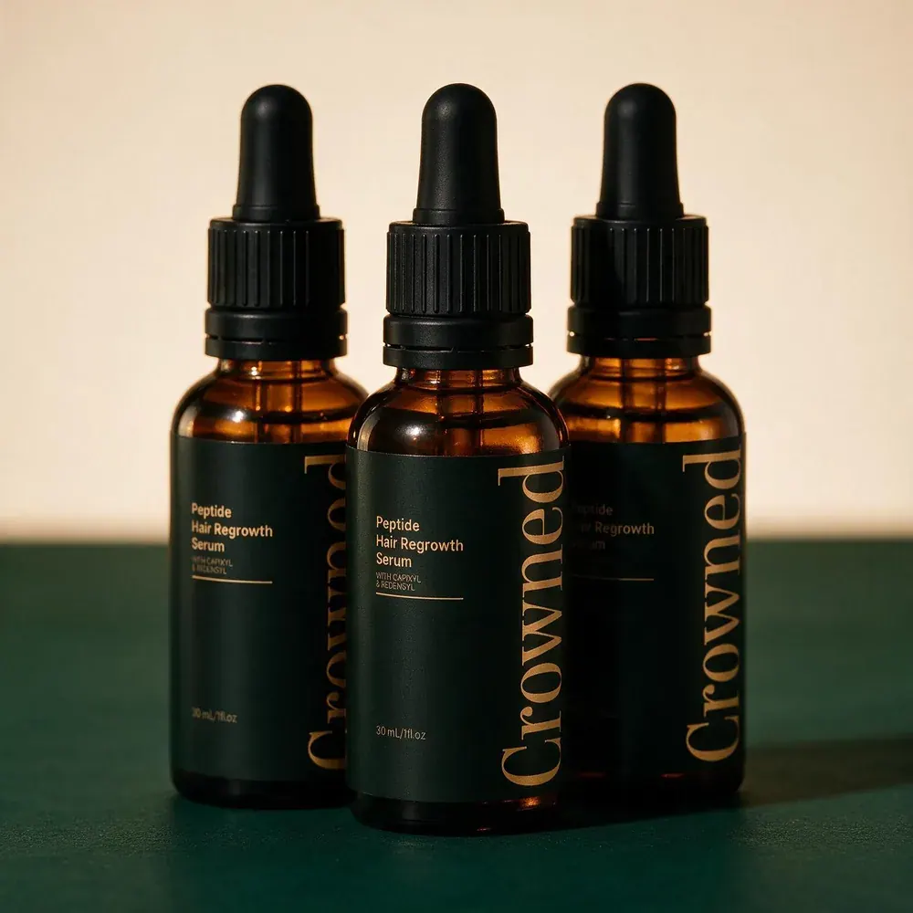 Three bottles of Crowned® Peptide Hair Regrowth Serum on a deep green surface